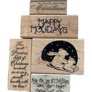 Wooden Christmas Rubber Stamps Set Happy Holidays Bears Sledding Festive Quotes